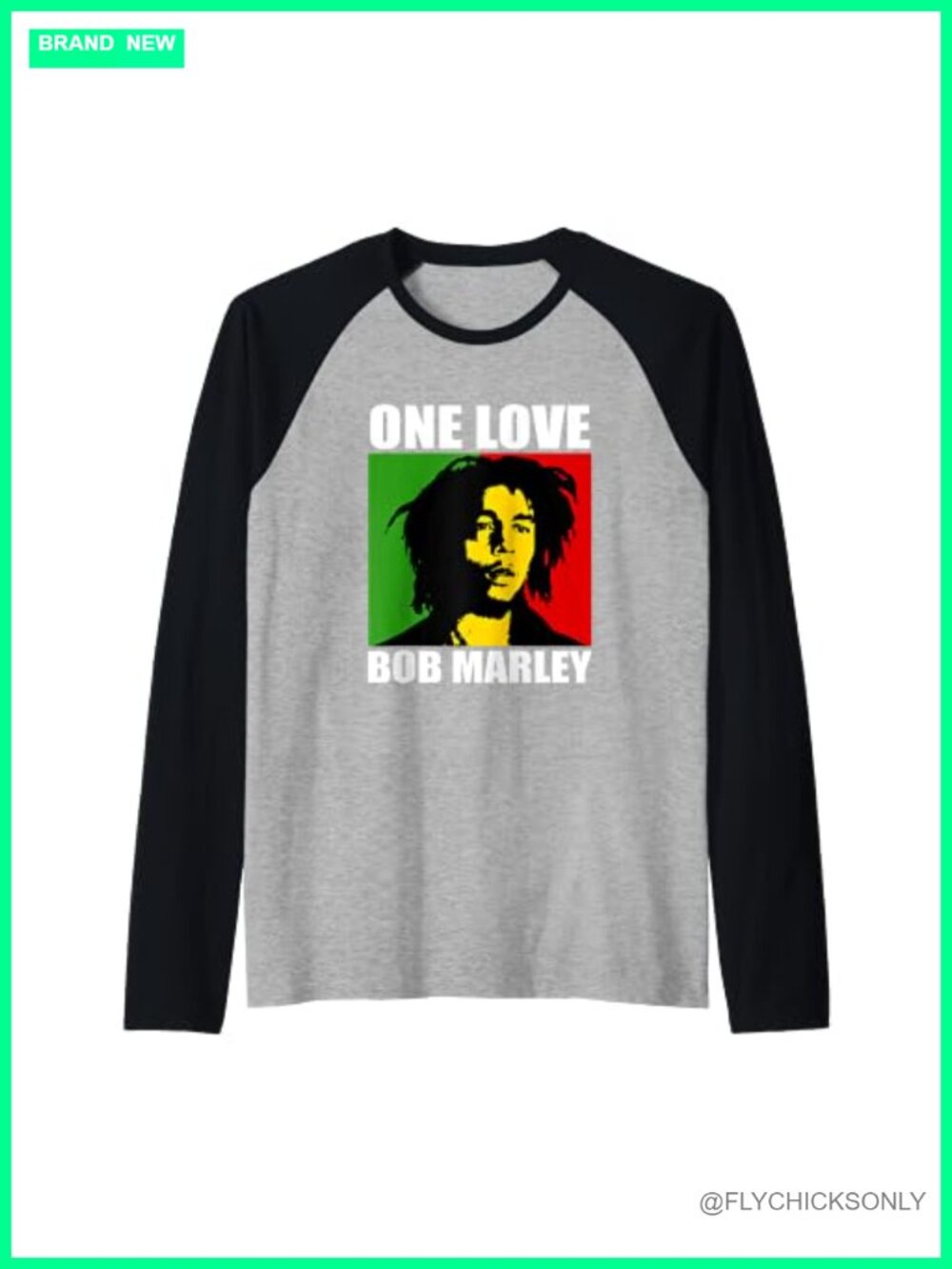 Bob Marley One Love Rasta Raglan Baseball Tee Long Sleeve Crew Neck